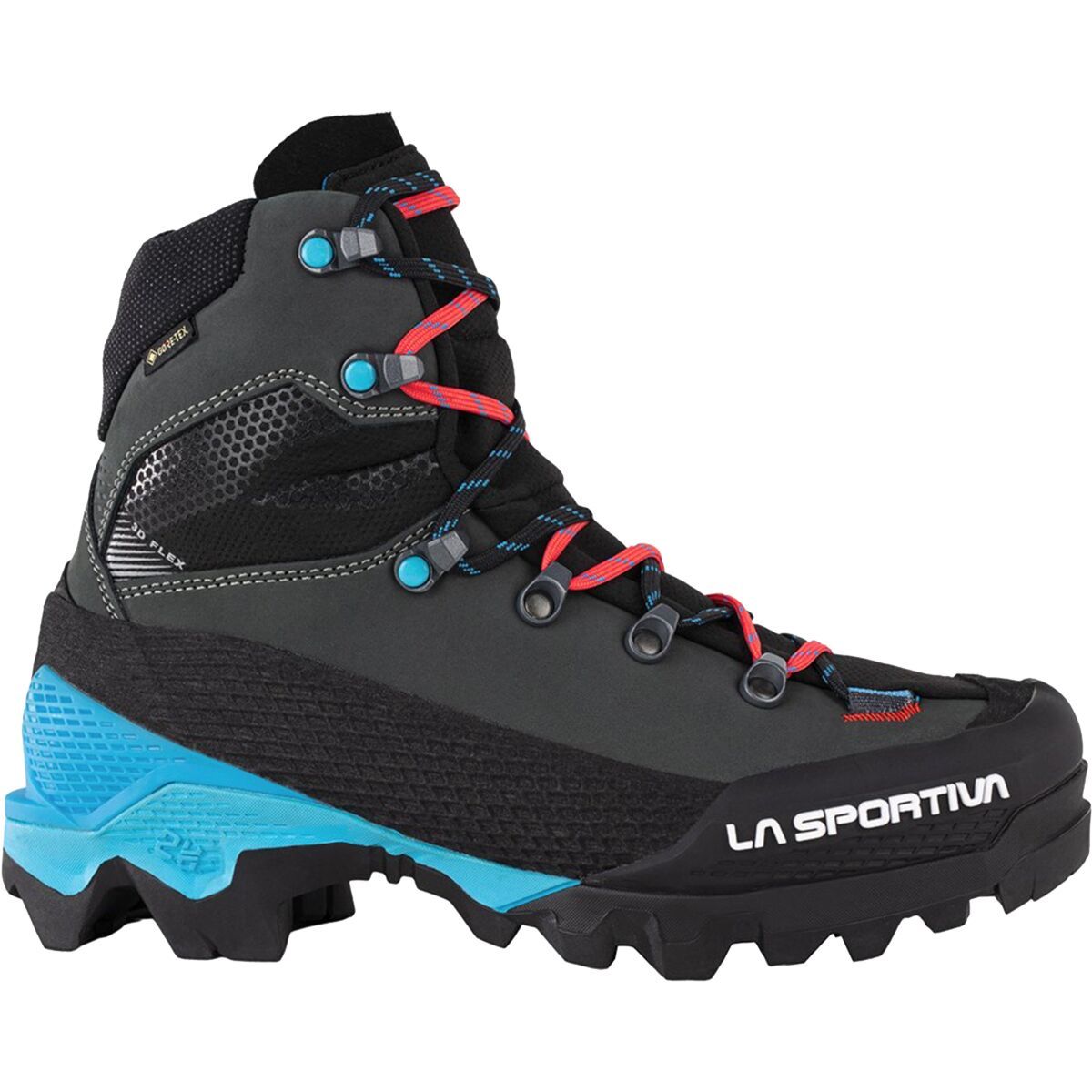 La Sportiva Women's Aequilibrium LT GTX Mountaineering Boots  in Black/Hibiscus2